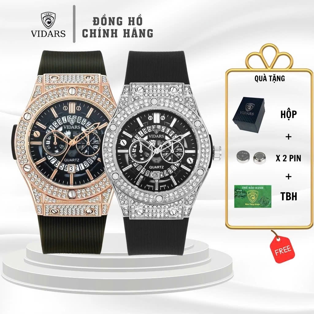 Đồng Hồ Nam VIDARS Full Đá Mặt Số Đa Chức Năng Dây Silicone Có Bộ Lịch Ngày Chống Nước 3ATM