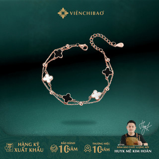  Lắc tay bạc nữ dây đôi xi vàng hồng cỏ 4 lá đính đá mã não chất liệu bạc S925 - Viễn Chí Bảo 
