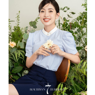 Áo sơ mi kẻ sọc xanh Oriana BEAUTEBYV cổ tàu đính cúc đá tay bồng cách điệu