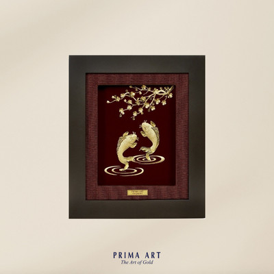 Tranh treo tường Mỹ Nghệ Phủ Vàng 24K PRIMA ART - ĐÔI CÁ  VÀ CÀNH MAI - Size 18x20 cm - CGS-0150-65