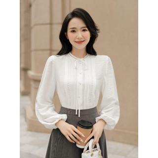 BEAUTEBYV - Áo sơ mi nữ thô tơ sần phối ren Clover