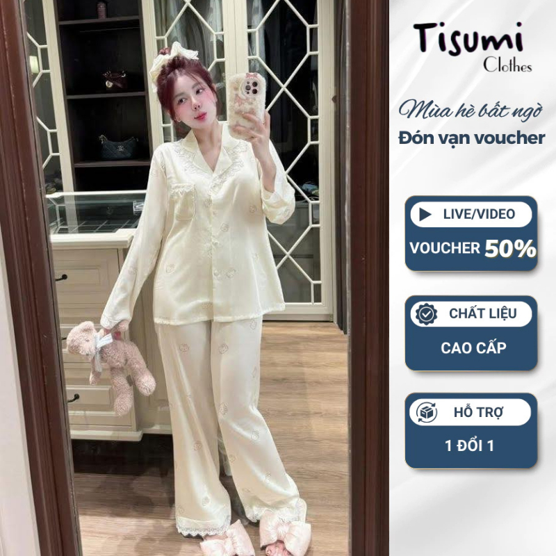  Pijama nữ lụa satin hoạ tiết kitty dễ thương cổ sen viền bèo đồ ngủ nữ tiểu thư xinh xắn HCOM26632 