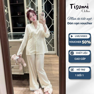  Pijama nữ lụa satin hoạ tiết kitty dễ thương cổ sen viền bèo đồ ngủ nữ tiểu thư xinh xắn HCOM26632 