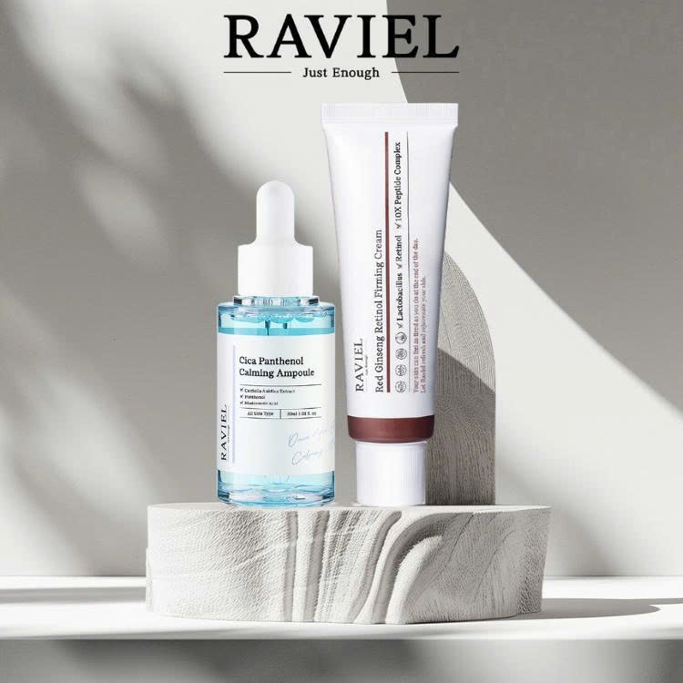 Combo Serum Raviel Cica Panthenol Cấp Ẩm 30ml & Kem Dưỡng Raviel Red Ginseng Retinol Firming 50ml