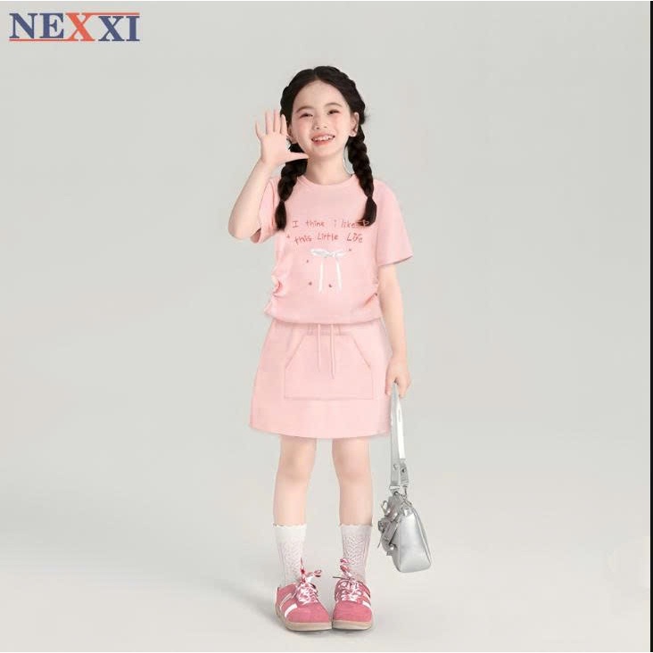 Set Váy Bé Gái  Áo Thun Dây Rút Đính Nơ, Thỏ Sweet Kèm Chân Váy Chữ A Nexxi