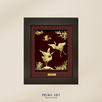 Tranh treo tường Mỹ Nghệ Phủ Vàng 24K PRIMA ART Hạc Trăng và Cây Tùng phú quý sung túc - Size 29x25 cm - CGS-0466-07