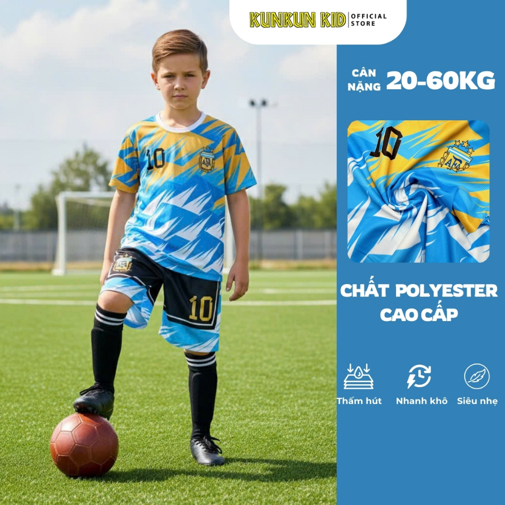 Đồ bộ thể thao bé trai in 3D Cầu Thủ số 10 Messi màu xanh sọc đen - bóng rổ TP1292 - Kunkun Kids