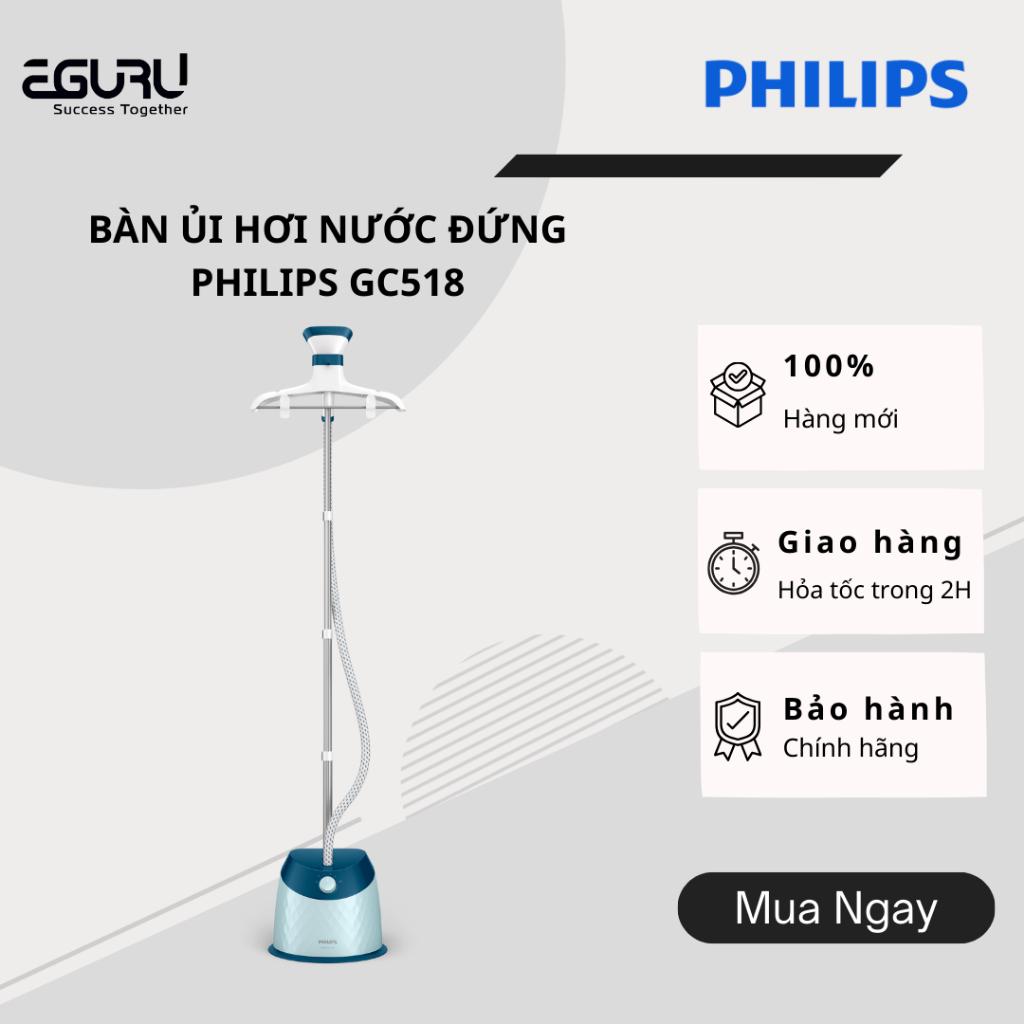 Bàn Ủi Hơi Nước đứng PHILIPS GC518 1600W Xanh - Hàng Chính Hãng