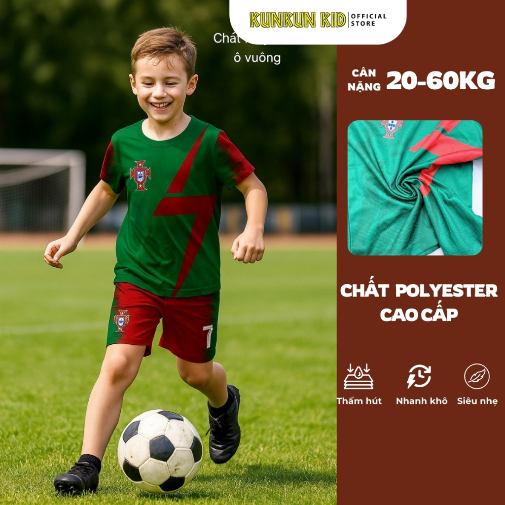 Đồ bộ thể thao bé trai in 3D Cầu Thủ số 07 Ronaldo màu đỏ xanh lá - Đá banh TP1294 - Kunkun Kids