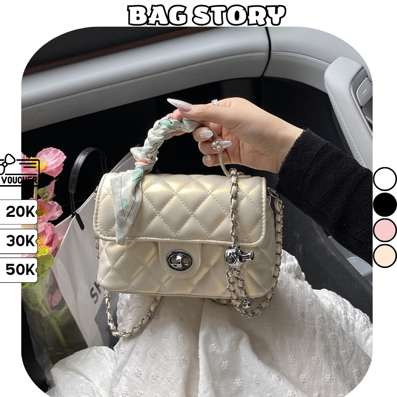 Túi Xách Nữ BAG STORY Đeo Chéo Thời Trang Cao Cấp Da PU Trần Ô, Quai Xách Khăn Lụa, Dây Đeo Xích Đi Chơi Đi Tiệc TX-143