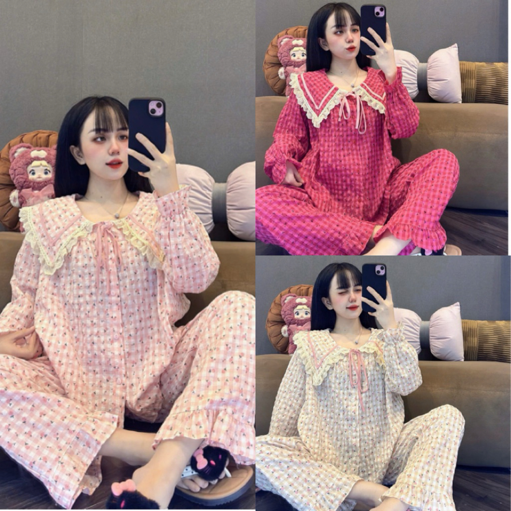 Set Bộ Ngủ Pijama Nữ Kẻ Xốp Cổ Viền Buộc Nơ