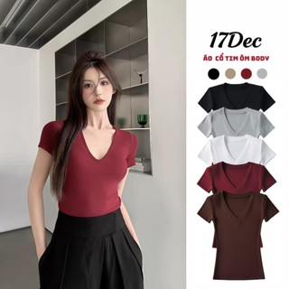 Áo thun nữ cổ tim ôm body 17Dec, áo phông trơn cổ chữ V kiểu dáng basic cho nữ