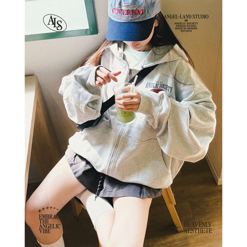 Áo Khoác Hoodie Khoá Kéo form BOXY Nỉ chân cua ANGELIC SOCIETY màu xám tiêu Chính hãng Angel-Land | BigBuy360 - bigbuy360.vn