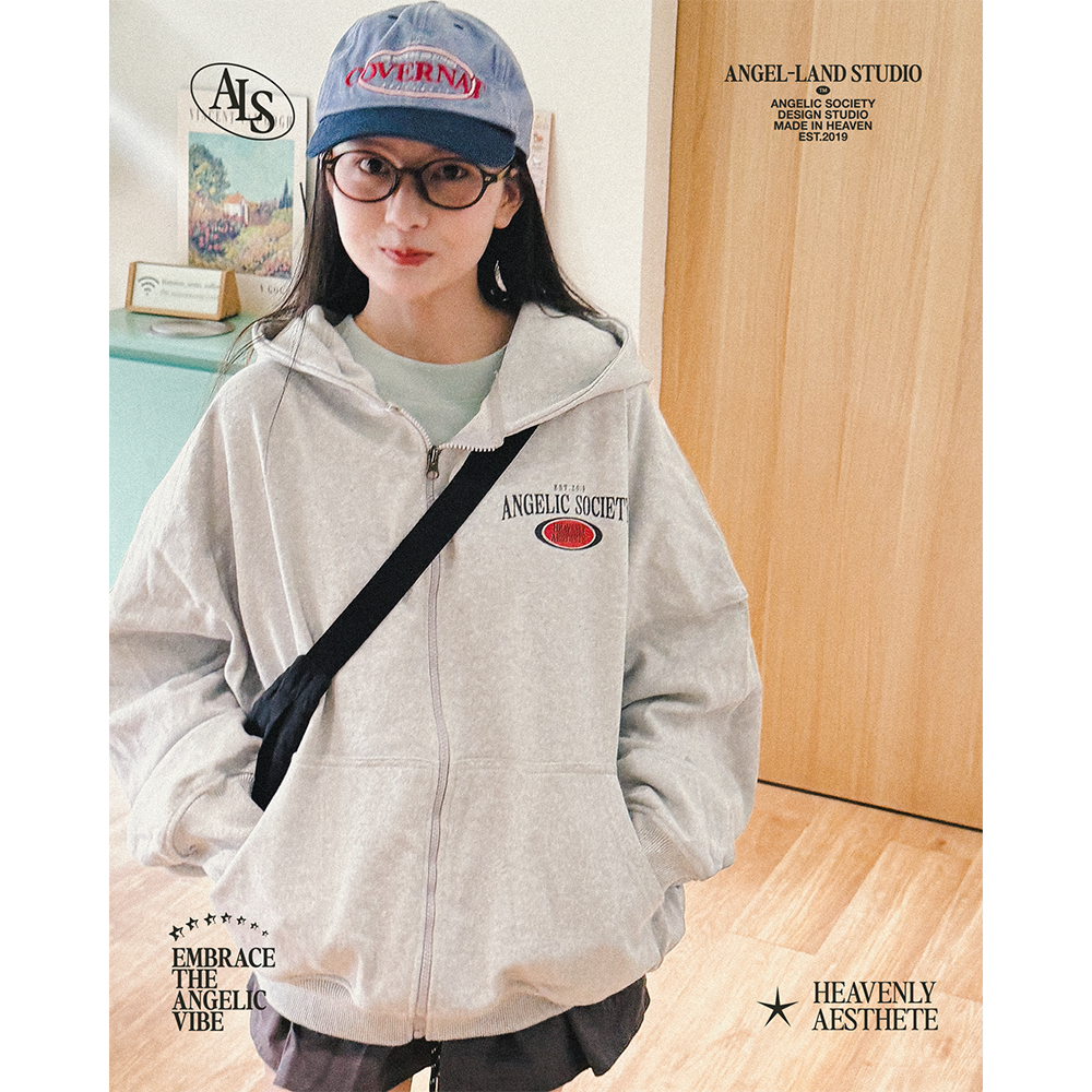 Áo Khoác Hoodie Khoá Kéo form BOXY Nỉ chân cua ANGELIC SOCIETY màu xám tiêu Chính hãng Angel-Land | BigBuy360 - bigbuy360.vn