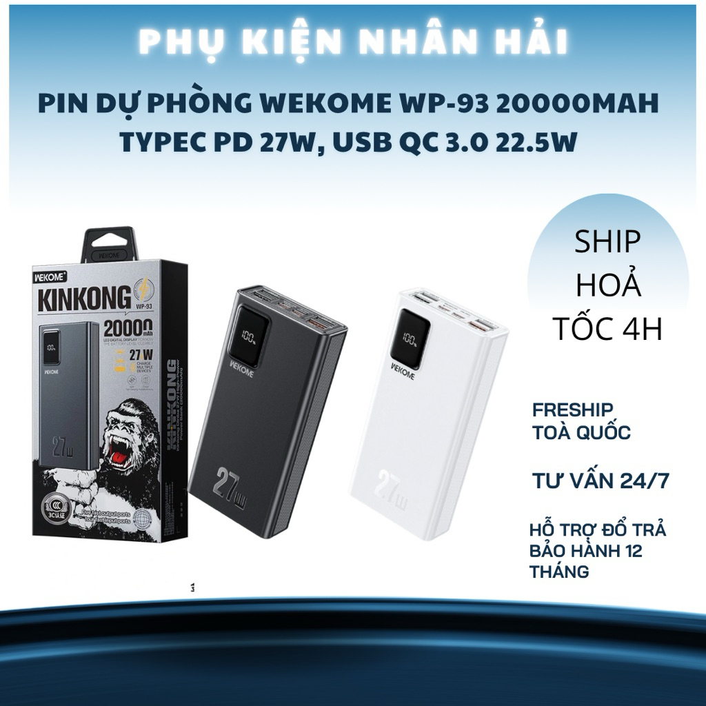 ( CÓ CCC/ 3C ) Pin dự phòng WEKOME WP-93 20000mah TypeC PD 27W, USB QC 3.0 22.5W Hàng Chính Hãng