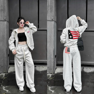  Set bộ nữ áo nỉ hoodie cờ mỹ dài tay kèm quần suông nỉ jogger bo chun thu đông bộ mặc nhà 