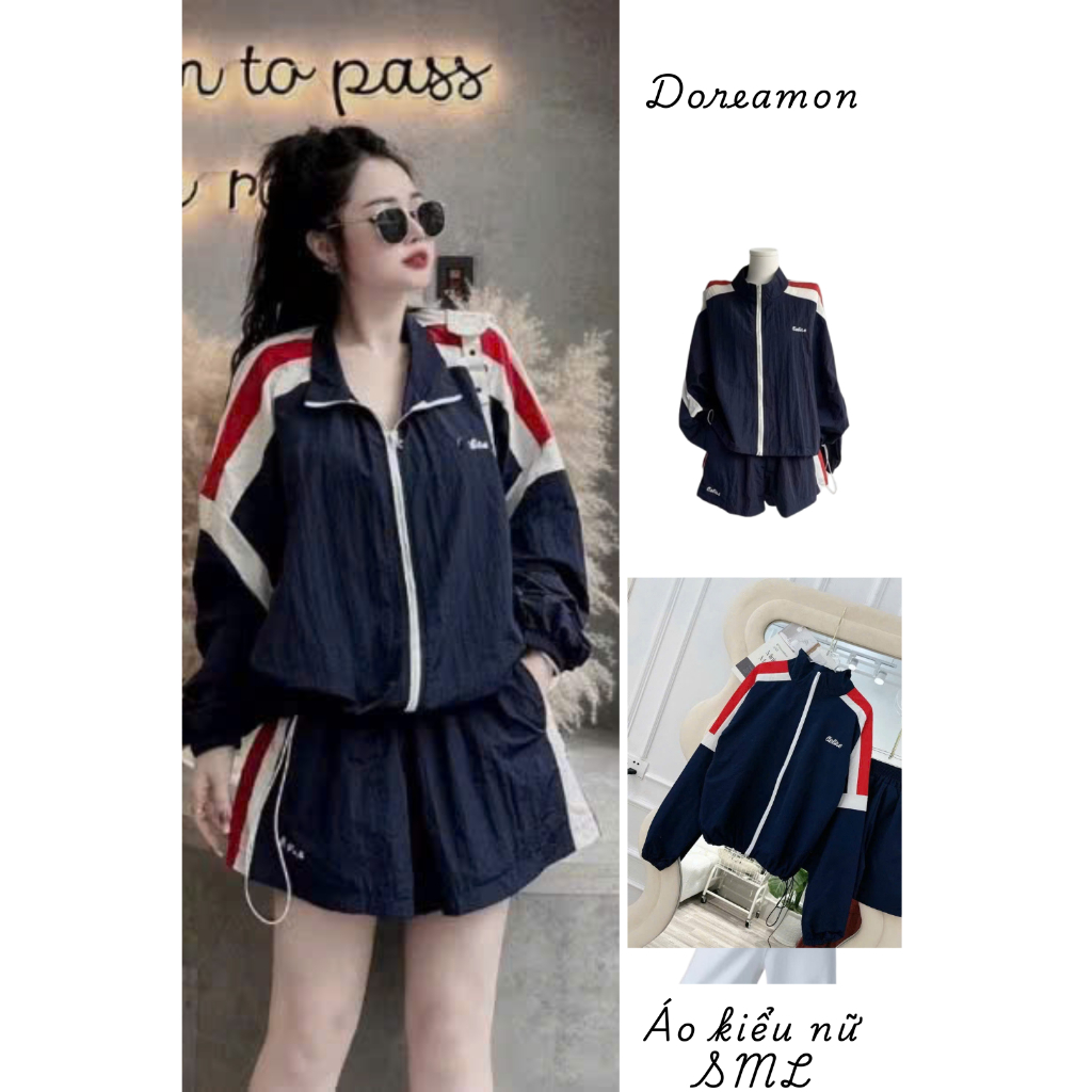 Bộ gió nữ phối viền sọc, bộ áo khoác dài tay nữ mix quần đùi rút gấu, chất gió, thời trang nữ hottre