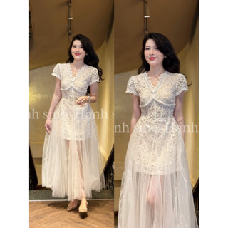 Hạnh sino.97 Váy ren kem 125cm lót nude thiết kế viền ngọc chân lưới đuôi cá sang chảnh