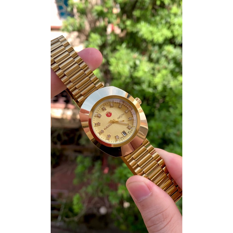 đồng hồ rado trứng nam nữ size 38, đồng hồ kim loại chống nước vàng kim dạ quang có lịch ngày ocdong
