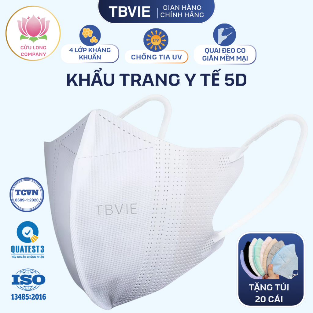 [Thùng 500 cái MIX MÀU] Khẩu trang Y Tế 5D 4 LỚP - CỬU LONG TBVIE
