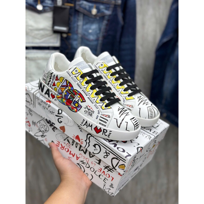 Giày Thể Thao Nam Nữ In Hình Vẽ Tay Full Vân Chìm Monogram - Giày Nam Nữ Đế Êm Chân Độn Bản Đẹp