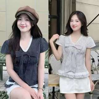  ÁO SƠ MI KẺ TIỂU THƯ CỔ TIM PHỐI REN THẮT NƠ NGẮN TAY SIÊU XINH SMS555 