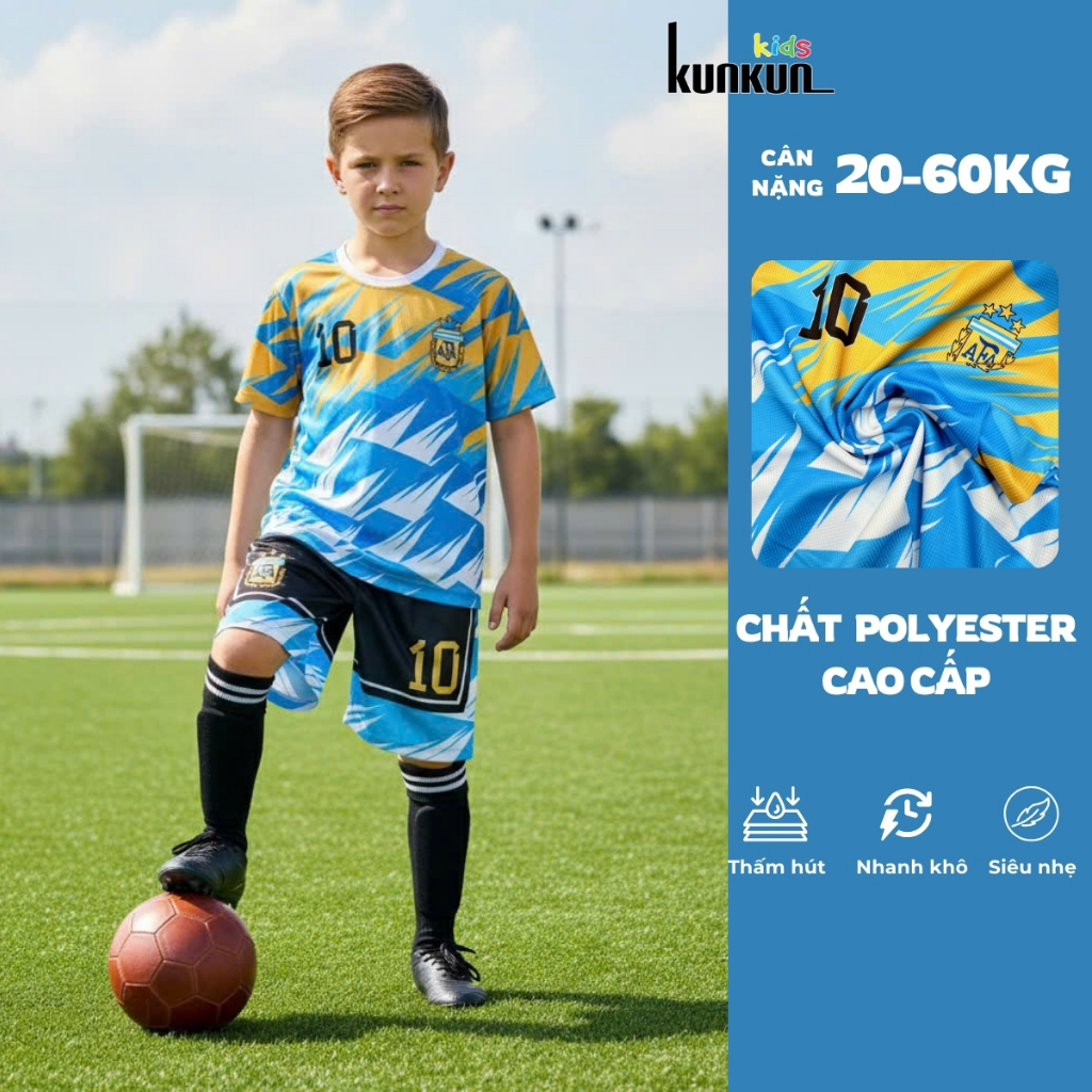 Đồ bộ thể thao bé trai in 3D Cầu Thủ số 10 Messi màu xanh sọc đen - Đá banh TP1292 - Kunkun Kids
