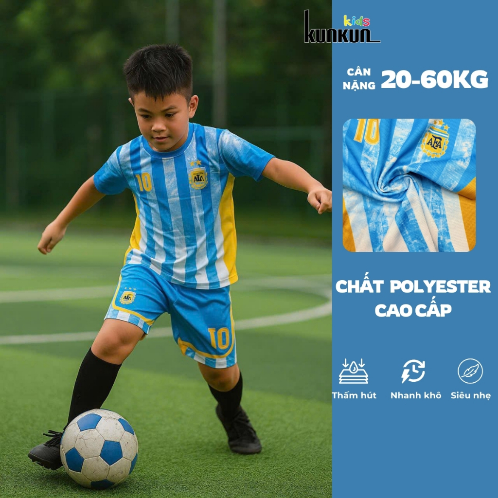 Đồ bộ thể thao bé trai in 3D Cầu Thủ số 10 Messi màu xanh  - Đá banh, bóng rổ TP1290 - Kunkun Kids