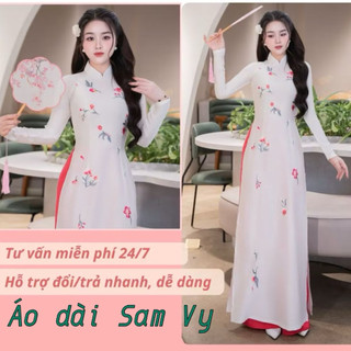  Áo dài trắng Thêu hoa tông màu sen. Áo dài truyền thống chất lụa Vân mịn nhẹ mát. 