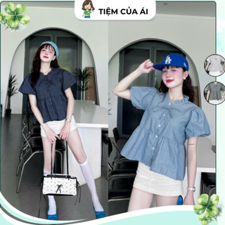  Áo Sơmi Kiểu Babydoll Tay Ngắn Bồng Cổ Viền Bèo Cột Nơ Phong Cách Hàn Quốc 