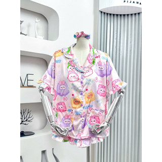  HL49  40-105kg -PIJAMA TAY NGẮN QUẦN ĐÙI PHỐI BÈO - Kèm cột tóc- Fom rộng 