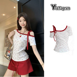  YizTop Áo Thun Lệch Vai Tay Ngắn Hoạ Tiết Tim Xinh Yêu Dành Cho Nữ 