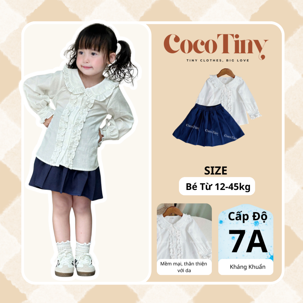 [Coco Tiny] H12 - Set Áo Sơ Mi Trắng Dài Tay Phối Chân Váy Navy Bé Gái – Đồ Đi Học, Đi Chơi, Thời Tr