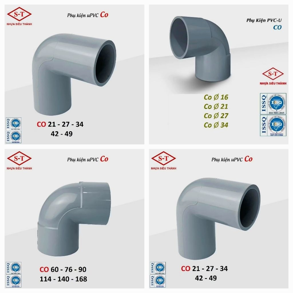 Co ống nước, Co góc vuông phi 21, 27, 34, 42, 49, 60, 90, 114, 140 Nhựa PVC Siêu Thành (ST)