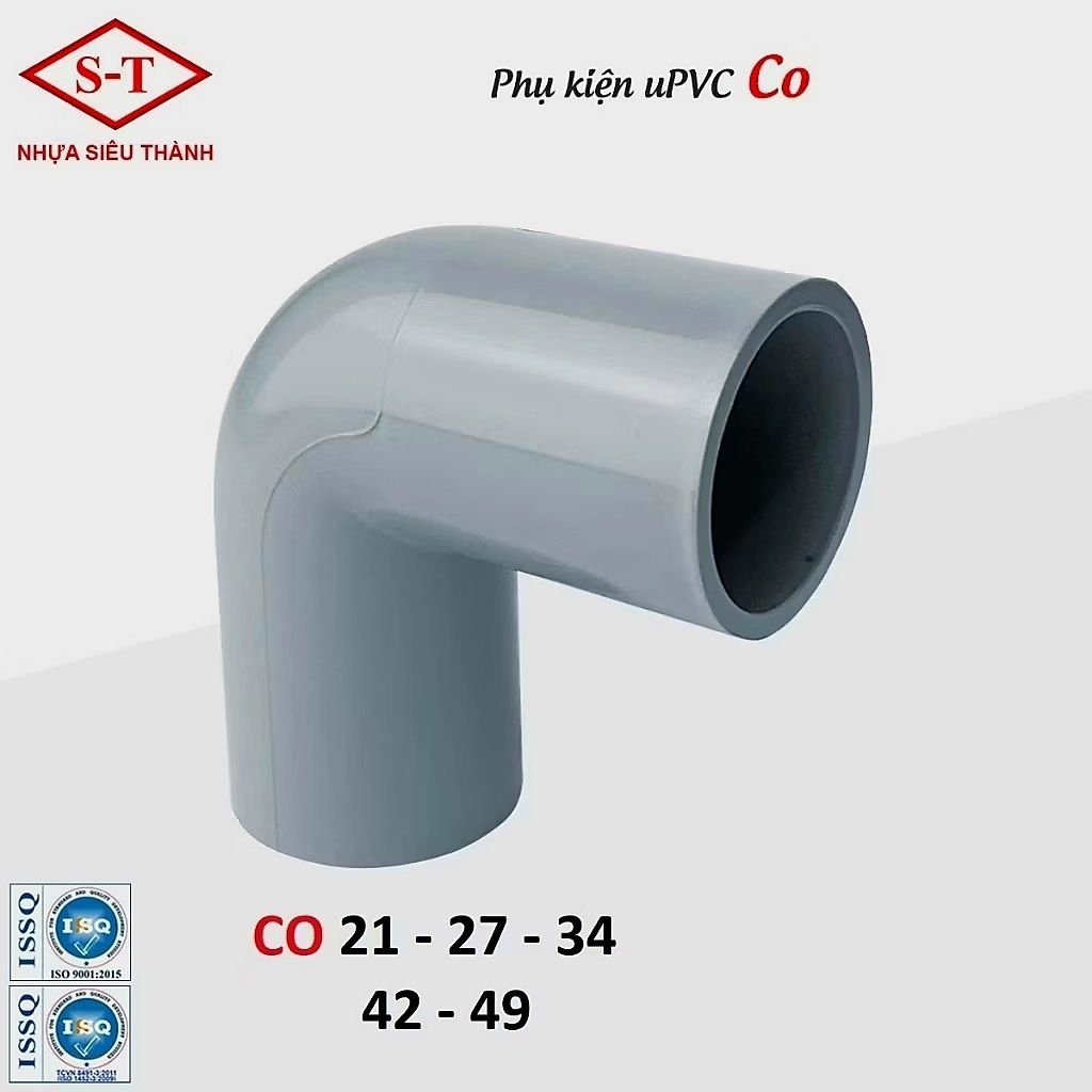 Co ống nước, Co góc vuông phi 21, 27, 34, 42, 49, 60, 90, 114, 140 Nhựa PVC Siêu Thành (ST)