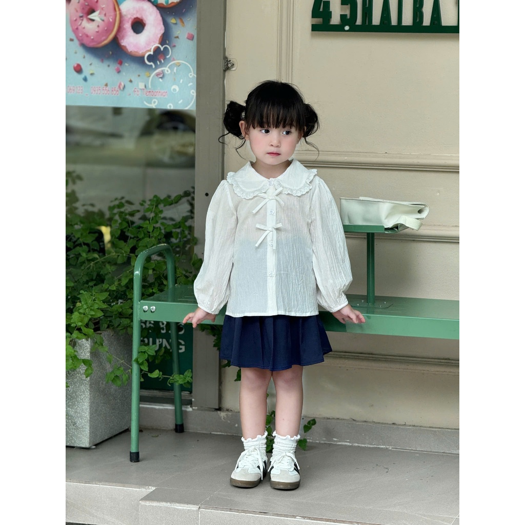 [JUNE withlove] H13 - Set Áo Sơ Mi Trắng Dài Tay Cổ Bèo Nơ + Chân Váy Xanh Than Bé Gái | Đồ Đi Học, 