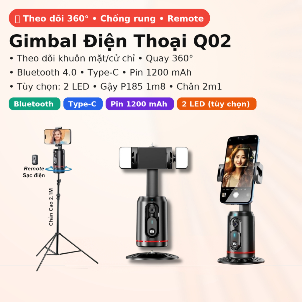 Gimbal Q02 kèm Remote – Quay 360° Theo Dõi Khuôn Mặt – 2 LED – Type-C – Bluetooth