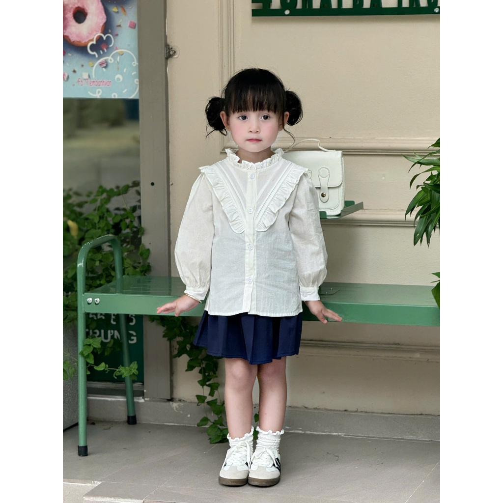 [JUNE withlove] H14 - Set Áo Sơ Mi Trắng Dài Tay Bèo Nhún + Chân Váy Xanh Than Bé Gái | Đồ Đi Học, Đ