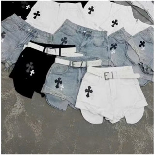 quần short jean nữ thêu chữ thập lộ túi ảnh thật