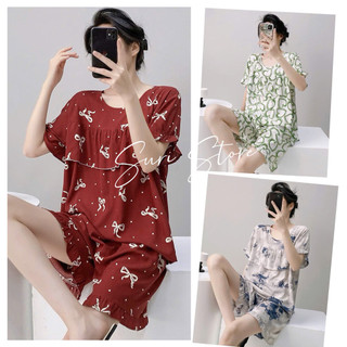  Bộ ngủ lanh tole mặc ở nhà dành cho nữ bộ áo cộc tay và quần đùi vải lanh mềm mát họa tiết trẻ trung 