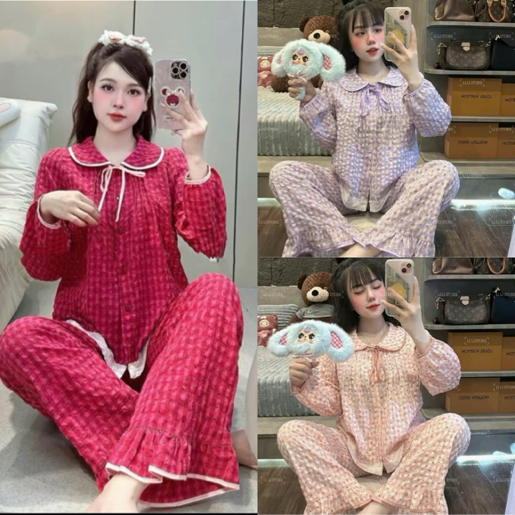 Set Bộ Ngủ Pijama Nữ Tay Dài Vải Xốp Đũi Q192