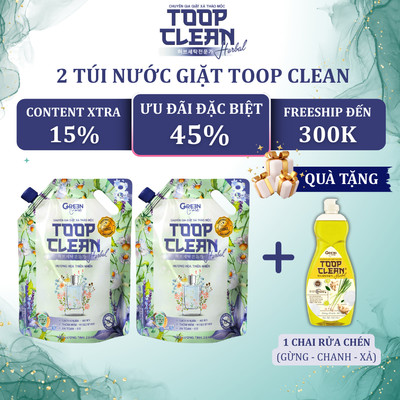 Combo 2 Túi Nước Giặt Thảo Mộc TOOP CLEAN Herbal 2,6 Kg/ Túi - Hương Hoa Thiên Nhiên