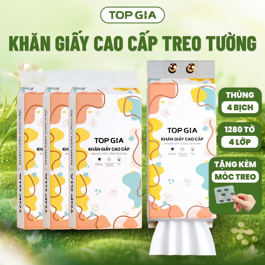 Khăn Giấy Rút Treo Tường Top Gia Thùng 4 Bịch Đa Sắc 1280 Tờ 4 Lớp, Bột Giấy Từ Thiên Nhiên An Toàn Cho Sức Khỏe