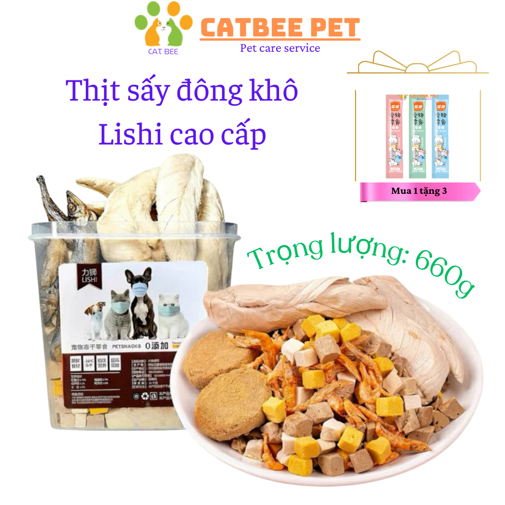 [ THỨC ĂN ĐÔNG KHÔ ] Hộp thịt sấy Lishi đông khô cao cấp cho Chó Mèo hộp 660gr (hàng loại 1)