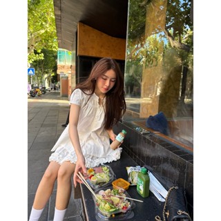 Set Áo Babydoll Thô Trắng Dáng Suông Cổ Rúm Tay Phồng Ngắn, Chân Váy Ngắn Bánh Bèo Nữ