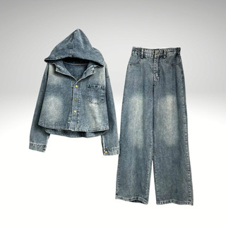  B600  set jane Áo Tay Dài Có Mũ Thêu Trước Sau Quần Dài Dáng Suông Thời Trang Nữ Chất Jean Mềm 