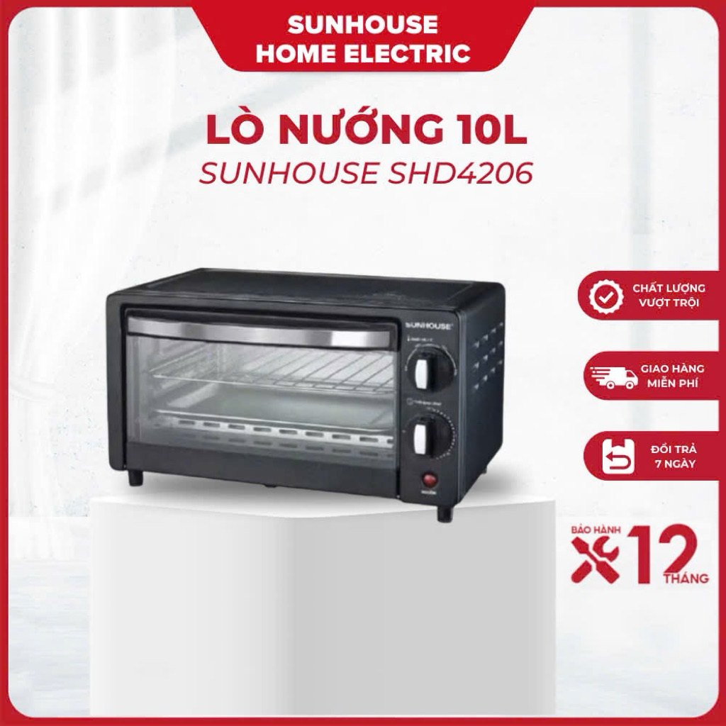 Lò nướng 10L Sunhouse SHD4206 - Công suất 800W - 4 chế độ nướng - Có hẹn giờ - Bảo hàng 12 tháng chính hãng