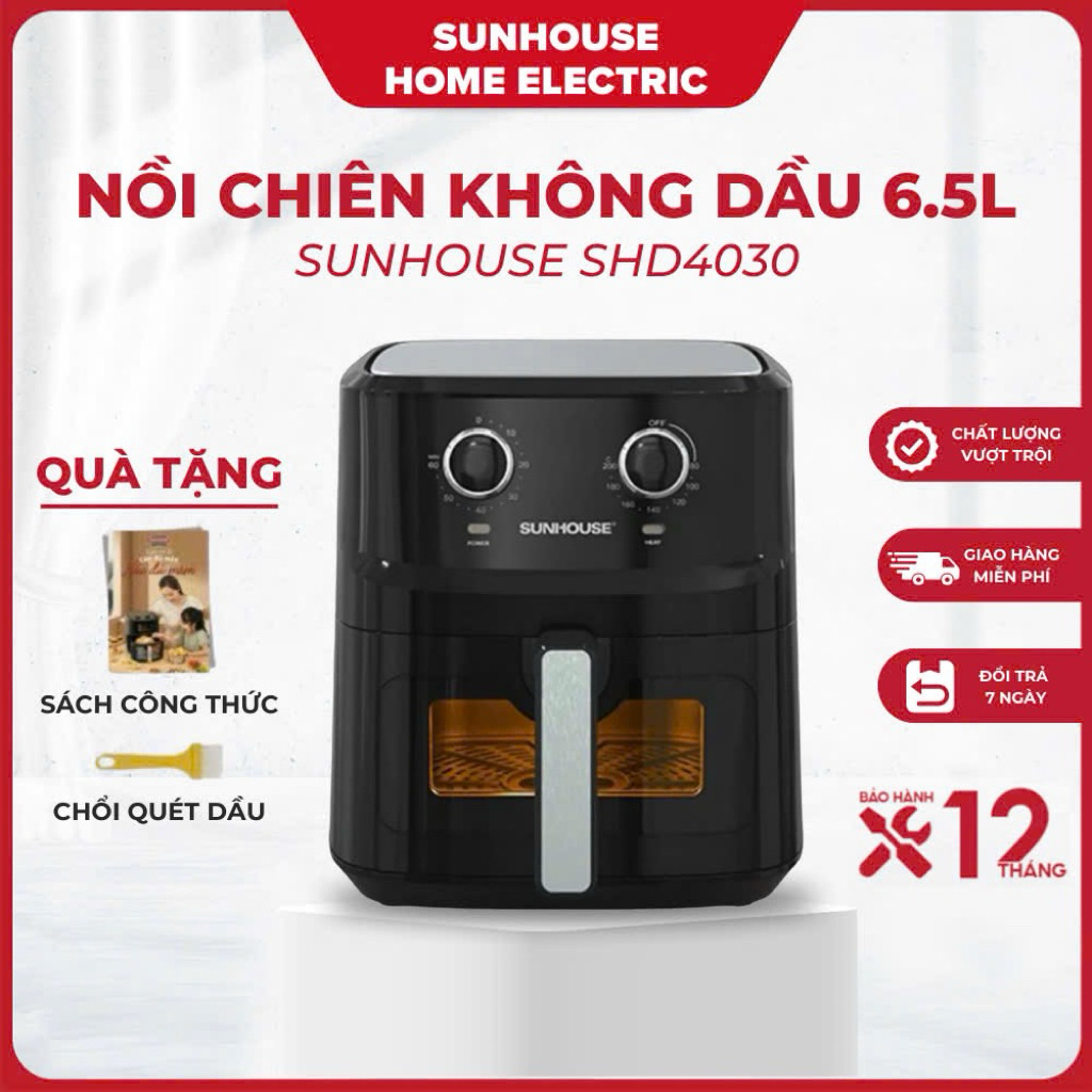 Nồi Chiên Không Dầu SUNHOUSE SHD4030 - 6.5L, 1700W, Chiên Nướng Không Cần Lật, Cửa Kính Trong Suốt