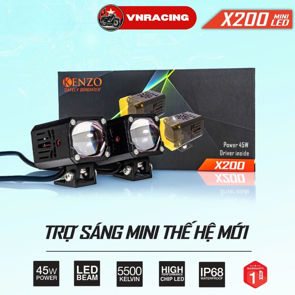 Đèn trợ sáng Kenzo X200 Mini Led công suất 45W, Trợ sáng Kenzo chống nước IP68 - Bảo hành 12 tháng