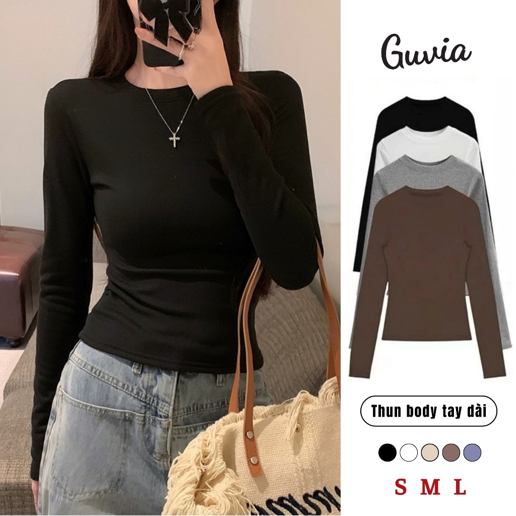 [Có SIZE] Áo Thun Tay Dài Cổ Tròn GUVIA Chiết Eo Tôn Dáng ADD39, Áo Thun Nữ Basic Chất Gân Cotton Và